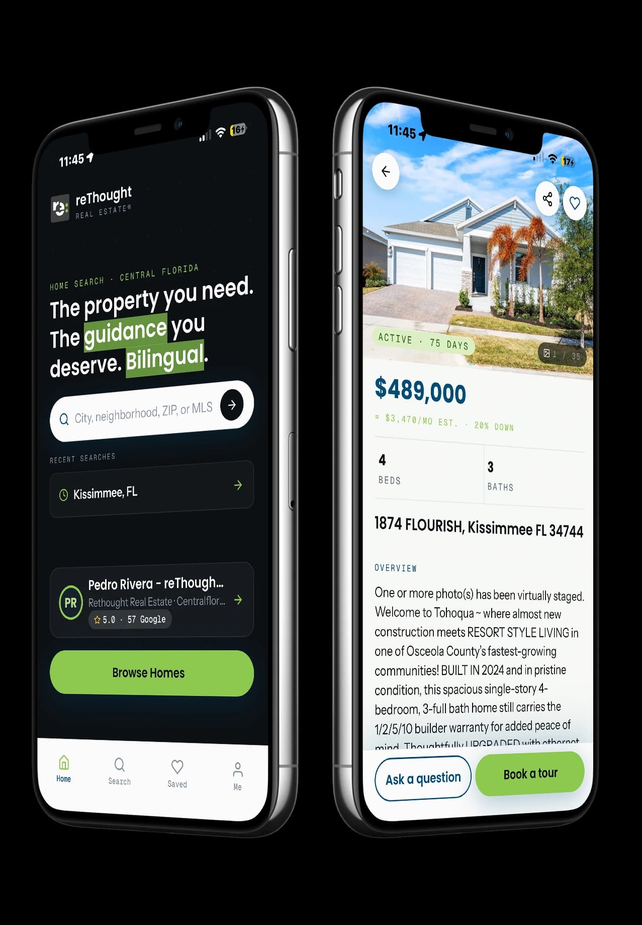 reThought home search app: a Kissimmee search on one phone and a Kissimmee listing detail on the other