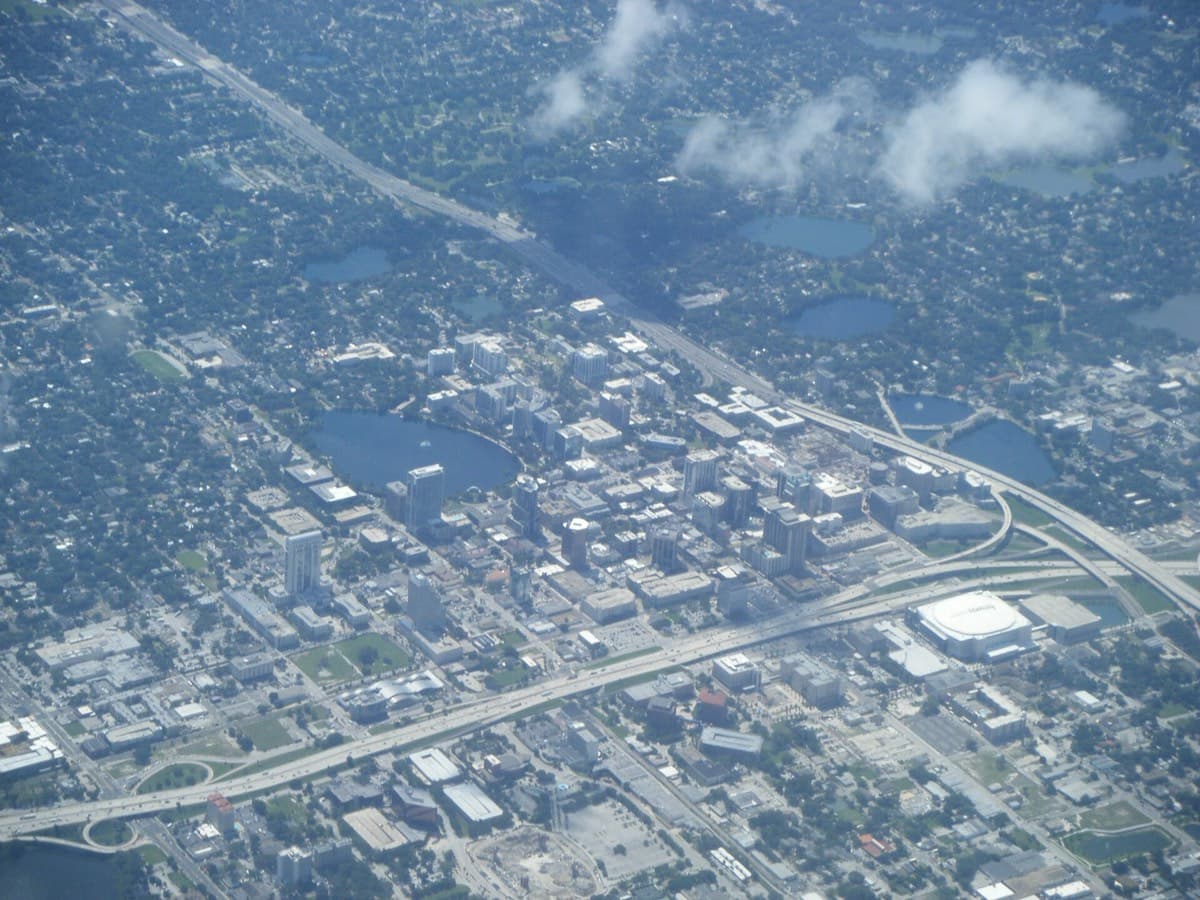 Aerial view of downtown Orlando from an airplane