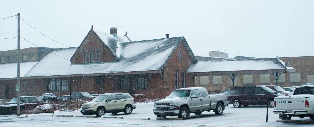 The historic South Milwaukee passenger depot in snow